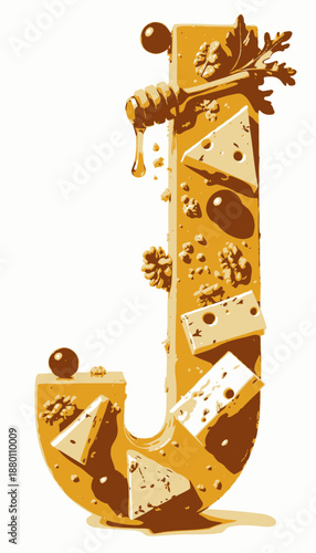 Creative Culinary Display Featuring Gourmet Cheese and Honey Arrangement in the Shape of the Letter J with Nuts and Grapes