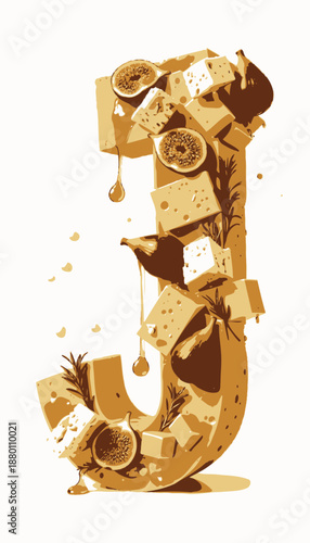 Letter J Composed of Various Cheeses and Fresh Figs with Honey Drizzle and Rosemary Garnish on White Background