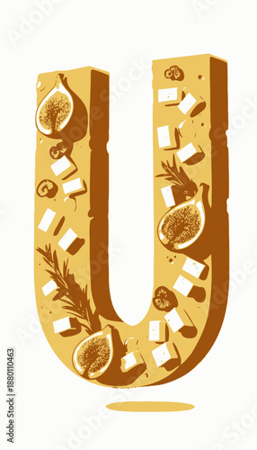 Creative representation of the letter U shaped with cheese adorned with figs, herbs, and nuts in a concept of culinary alphabet design