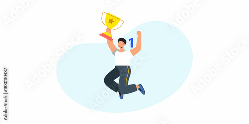 A jubilant person celebrates a victory raising a golden trophy in the air