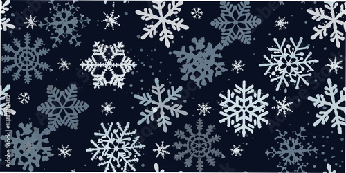 A dark navy background covered in an assortment of pixelated snowflakes