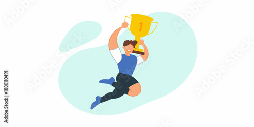 Man jumping in the air holding a trophy cup high