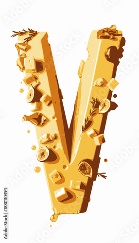 Letter V Shaped Cheese with Fig Slices, Olive Oil Drizzle, Prosciutto, Rosemary, and Cheeseblocks Composition