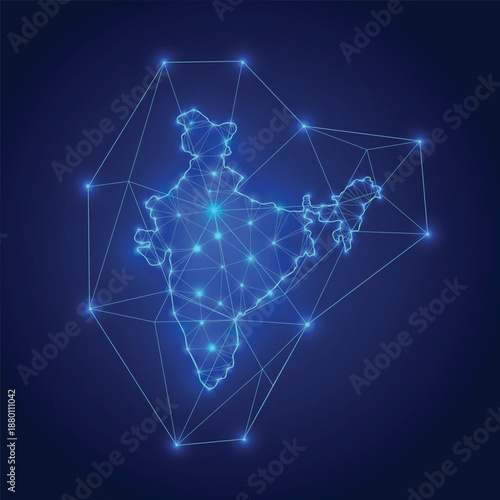 Low Poly India Map Design with Digital Network Technology, Geographic Connections and Abstract Blue Vector Art for Futuristic Data Visualization Concept
