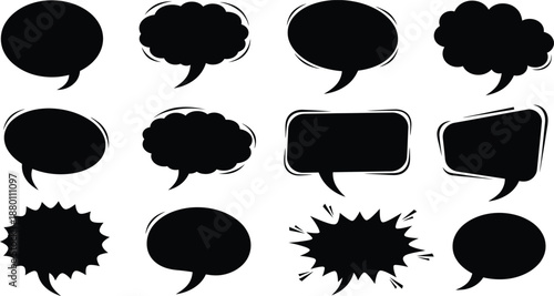 Speech Bubbles in Black: A collection of various black speech bubbles, providing diverse shapes for communication and expression.