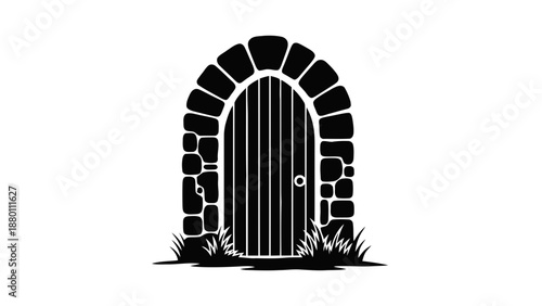 Vector illustration of an ancient stone archway with a rustic wooden gate, a mysterious entrance