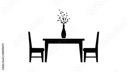 Vector illustration of a minimalist dining table with chairs and vase, on transparent background