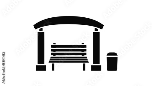 Vector illustration of a public park bench and trash can under a shelter on transparent background
