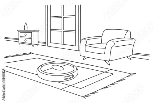 A modern robot vacuum cleaner on a rug in a living room with a chair and window