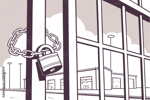 Secured metal gate with padlock and chain blocking entrance to buildings