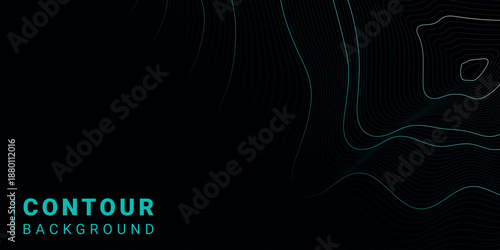 contour background — a deep black background with thin, elegant neon contour lines in a pure teal/cyan shade. The lines curve smoothly, creating the effect of a topographic map or digital waves.