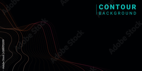 An abstract contour background with a dark (black) background, on which wavy lines flow smoothly in warm orange/brown tones and cool turquoise/cyan shades.
