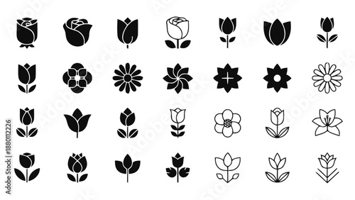 Vector illustration of, on transparent background, a beautiful collection of various floral icons