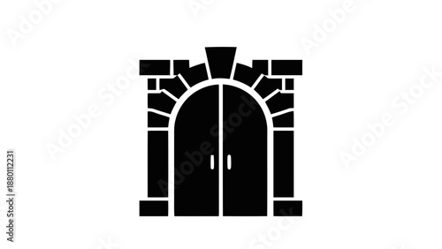 Vector illustration of an ancient stone archway with closed double doors, a classic entrance gate on transparent background