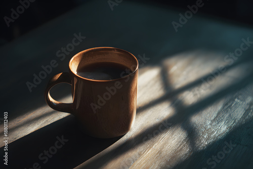 Cup of coffee rests on wooden table with soft light shining through window during late morning hours