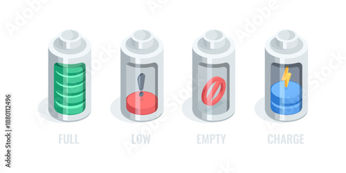 Isometric vector batteries in a discharged and charged state, in color on a white background, charging rechargeable batteries