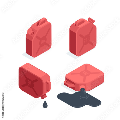 isometric vector set of gasoline canisters in different positions, in color, on a white background, fuel for transport and its impact on the environment