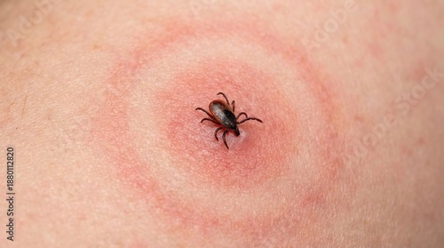Tick bite on human skin with red bullseye rash
