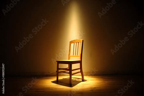 Light shines on a wooden chair in a dark room creating a focal point for the viewer with clear lines and shadows