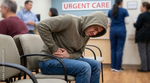 Young man holding stomach in pain at urgent care clinic