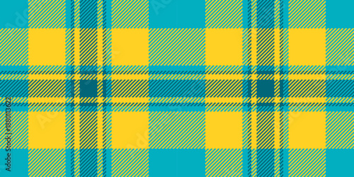 Finish vector seamless plaid, dress fabric tartan check. Grid pattern background texture textile in yellow and fluorescent teal colors.