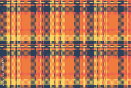 Vibrant fabric background vector, daisy check texture textile. Scenery seamless pattern plaid tartan in orange and blue colors.