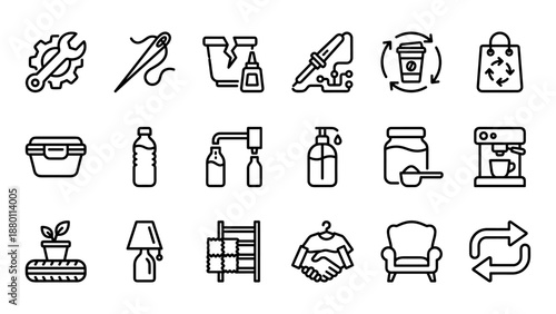 Circular economy vector line icons. Sustainable living symbols. Repair reuse refill recycle upcycle. Zero waste lifestyle. Eco friendly business. Environment protection. Second hand.