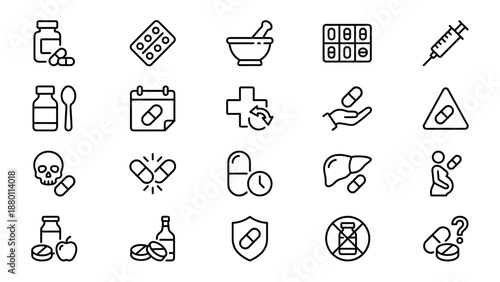 Pharmacy medication safety line icons. Pills drug dosage prescription warning symbols. Healthcare vector set. Syringe bottle blister pack interaction. Clinical treatment signs.