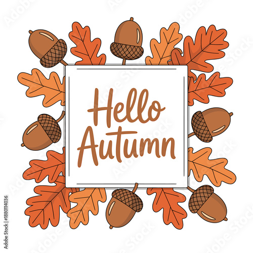 Hello Autumn Fall Leaves Acorns Frame Greeting Card Design