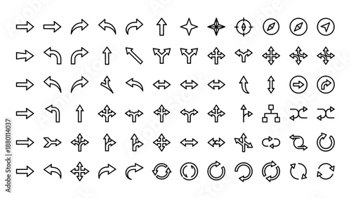 Vector set of arrow line icons. Direction pointers collection. Minimalistic navigation symbols. Web interface signs. Cursor elements. Thin outline style. Wayfinding concept.