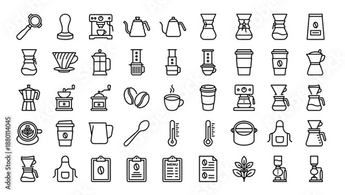 Coffee shop icons set. Barista tools vector. Cafe equipment. Brewing methods. Espresso machine. Grinder. Beans. Minimal outline style. Restaurant beverage. Linear illustration.