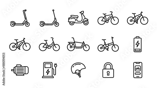 Electric transportation line icons set. Scooter and bicycle symbols. Urban eco mobility. Charging station battery helmet app. Minimalist outline. City commute. Green travel concept.