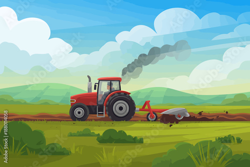 Red Tractor Plowing Field with Smoke Under Blue Sky