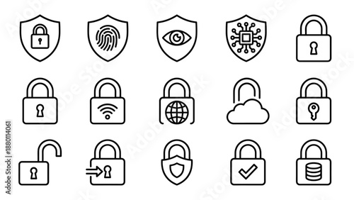 Cyber security vector icons set. Shield and lock line symbol. Data protection. Internet safety padlock. Digital privacy guard. Network access. Web defense. Biometric fingerprint.
