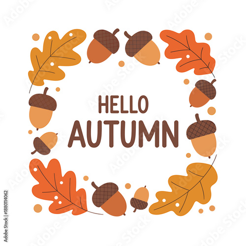 Hello Autumn Fall Wreath with Acorns and Leaves Illustration