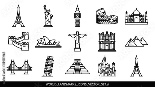Vector set of famous world landmarks line icons. Minimalist travel and tourism architecture collection. Historic monuments outline symbols. Sightseeing destinations. Global buildings art.