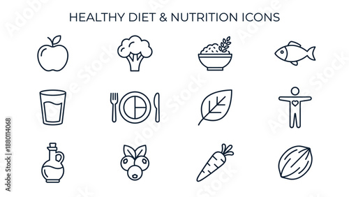 Healthy diet and nutrition line icons set. Vector collection of food symbols. Minimalist outline style. Fresh organic vegetables fruits. Balanced lifestyle wellness elements.