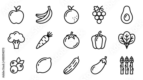 Healthy fruits and vegetables line icons. Minimalistic outline symbols. Fresh organic food collection. Nutrition diet concept. Vegan ingredients. Farm market elements. Simple stroke.