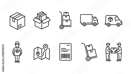 Delivery and moving service line icon set vector. Logistics shipping transportation. Courier cargo distribution. Warehouse management. Minimalist outline. Tracking packaging box truck.