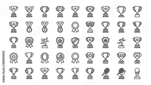 Sport trophy and awards line icons set. Champion cup medal prize victory. Achievement competition badge. First place winner success reward. Outline symbol. Minimalistic vector design