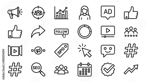Social media marketing line icons set. Digital advertising strategy symbols. Business analytics signs. SEO data chart. Network communication concept. Minimalist outline vector.