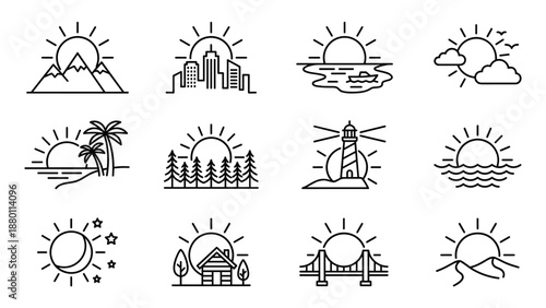 Sunrise sunset line icon collection. Mountain cityscape ocean beach palm forest lighthouse bridge cabin. Minimalist landscape scenes. Travel nature environment symbols