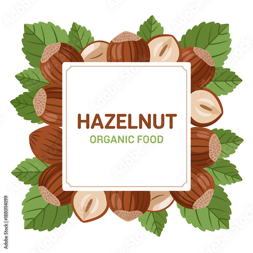 Hazelnut Organic Food Illustration with Green Leaves