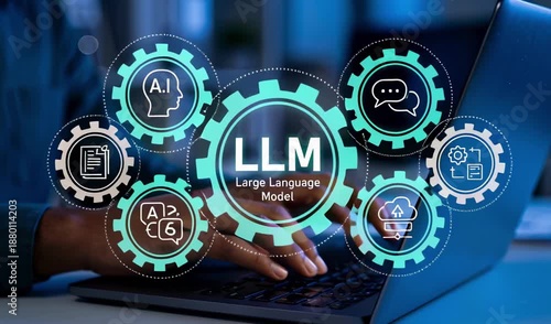 Wallpaper Mural Person types on a laptop, surrounded by glowing gears representing a large language model (llm) and ai. Torontodigital.ca