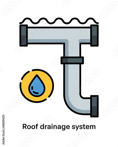 Illustration of a roof drainage system with water drop