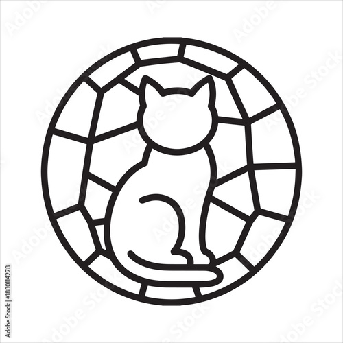 Stained Glass Cat Silhouette in Geometric Mosaic Circular Frame