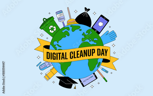 Digital Cleanup Day Illustration with Globe and Tools