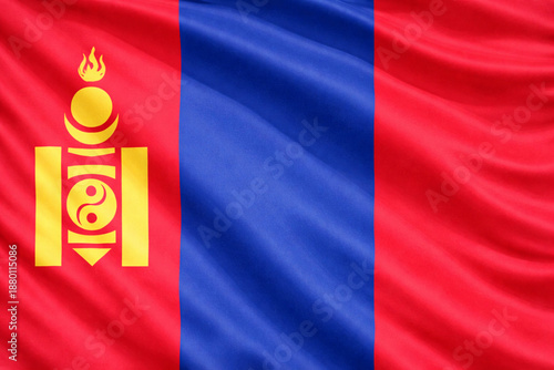 Waving Flag of Mongolia with Soyombo Symbol, High Quality Horizontal National Banner
