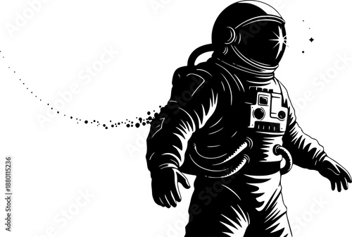 Black and white silhouette of an astronaut floating in space, minimalist and modern illustration style, symbolizing exploration, curiosity, and the future against a clean white background. See Less

