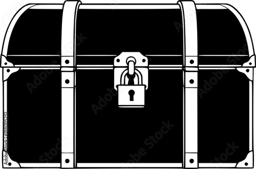 black and white silhouette of a treasure chest on a white background
